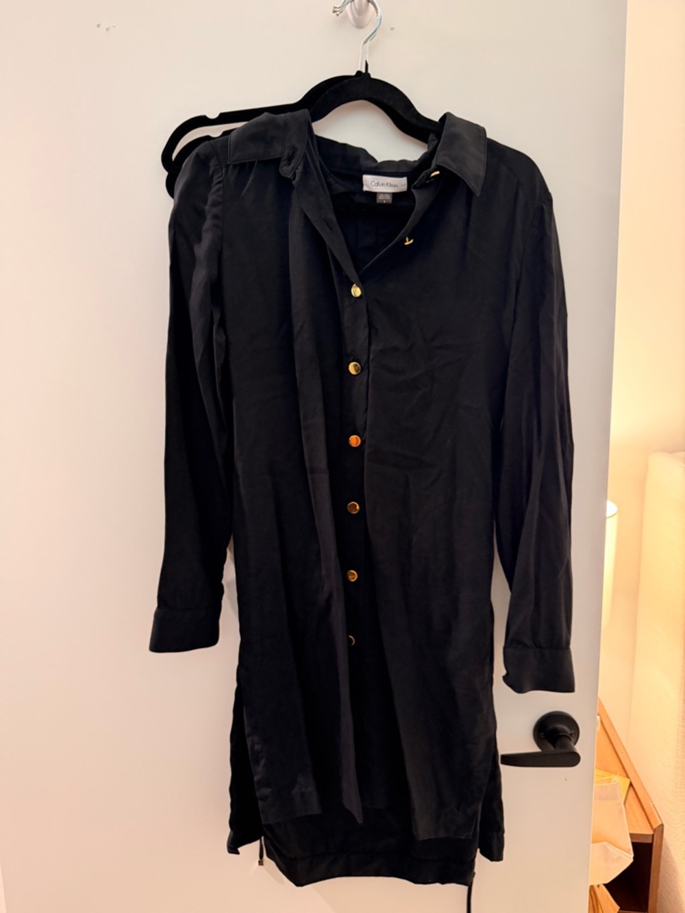 Calvin Klein Black Button-Front Shirt Dress with Gold Accents